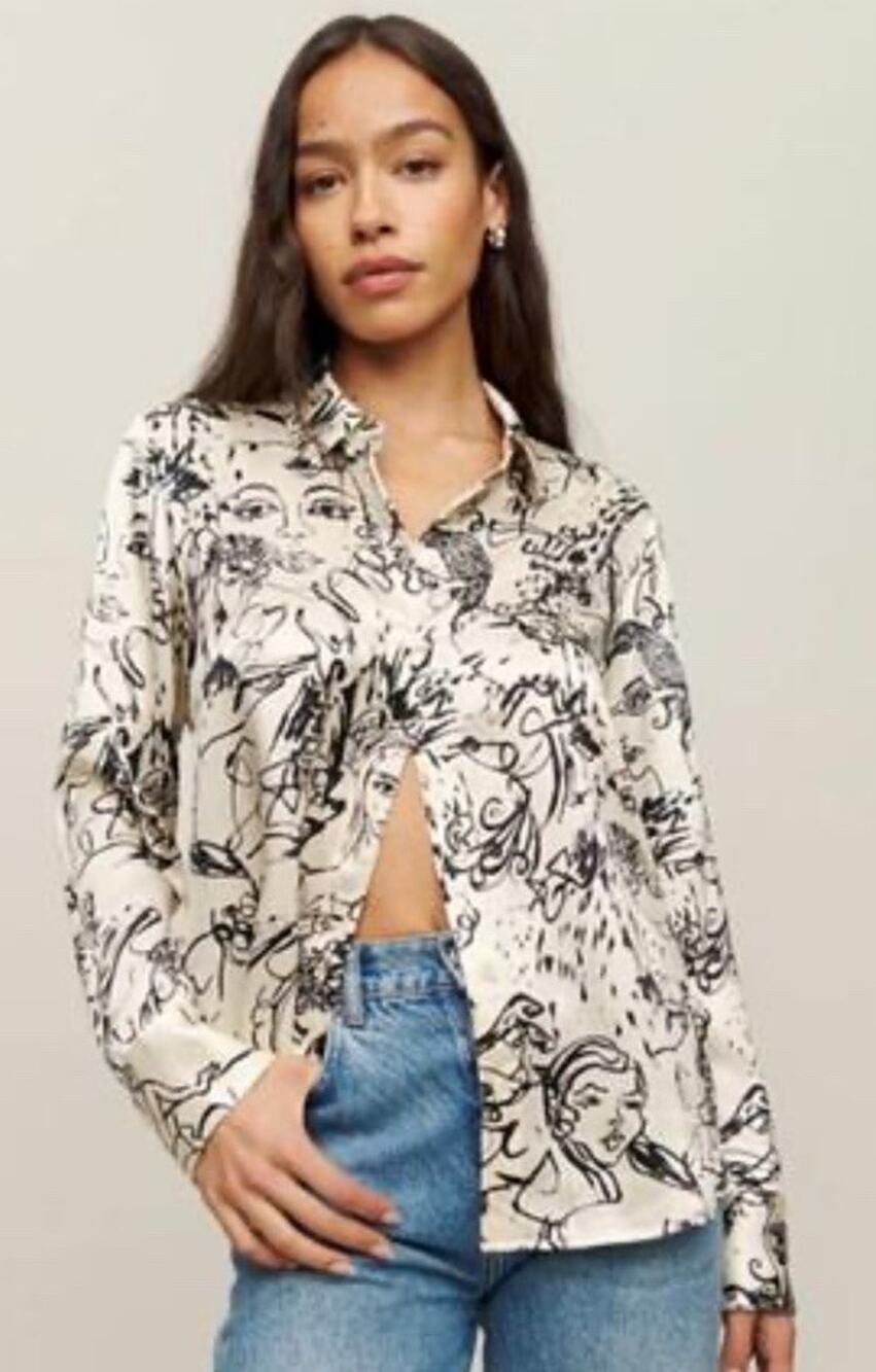 Reformation Silk Faces Sketch Print Button Up Shirt Blouse 2X 100% Silk